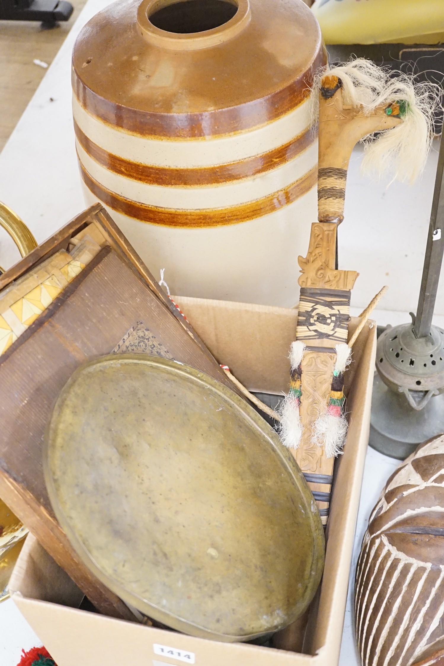 A dagger, various copper and brass wares, A Victorian helmet shaped coal scuttle and other metalware, and a An ecclesiastical incense stand, height 62cm